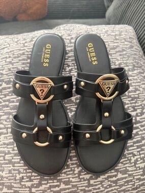 GUESS Black Slide Sandals with Gold Triangle Logo
